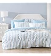 LEMIROE Neutral 100% Cotton Duvet Cover King Size 3PC - Soft Blue &amp; Ivory White Stripes with Line...