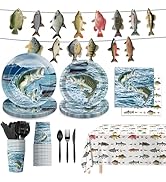 170PCS Gone Fishing Party Decorations Fishing Birthday Party Decorations Include Plates, Cups, Cu...