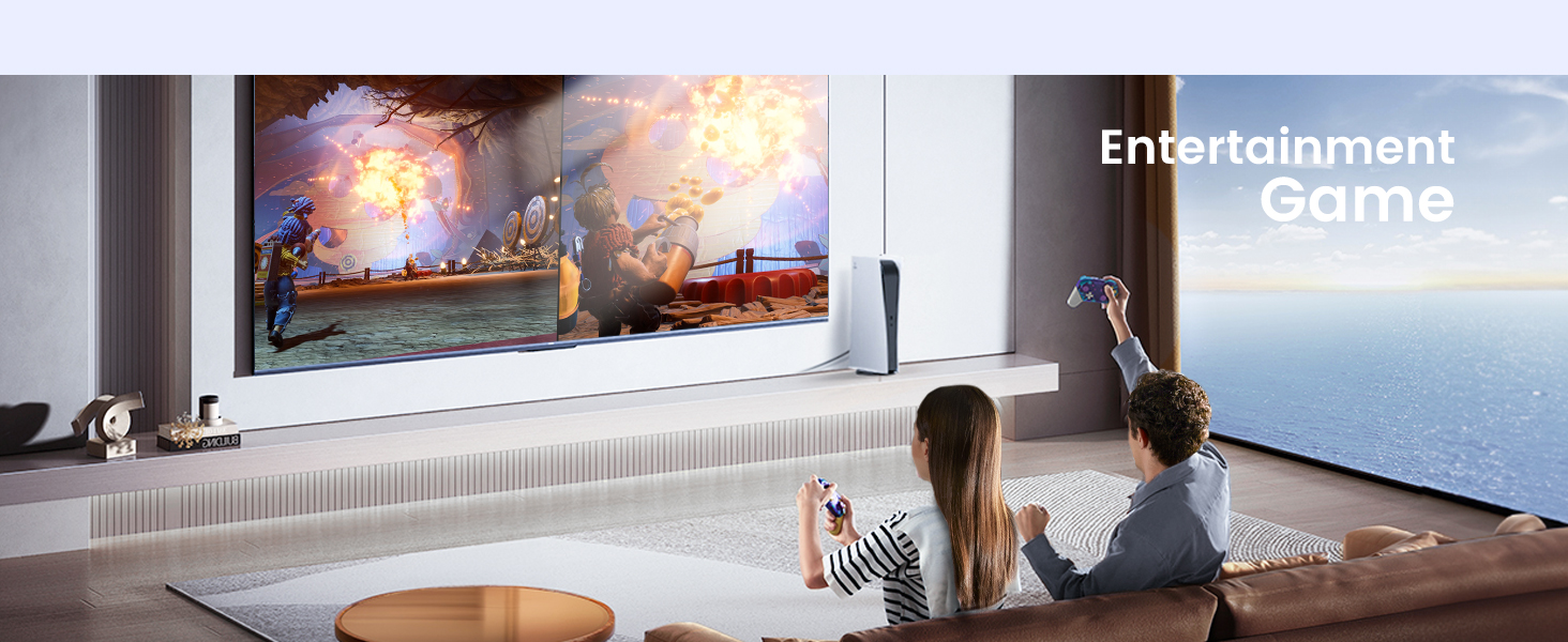 Living room setup with large wall-mounted display showing vibrant gaming content, featuring entertainment seating arrangement.