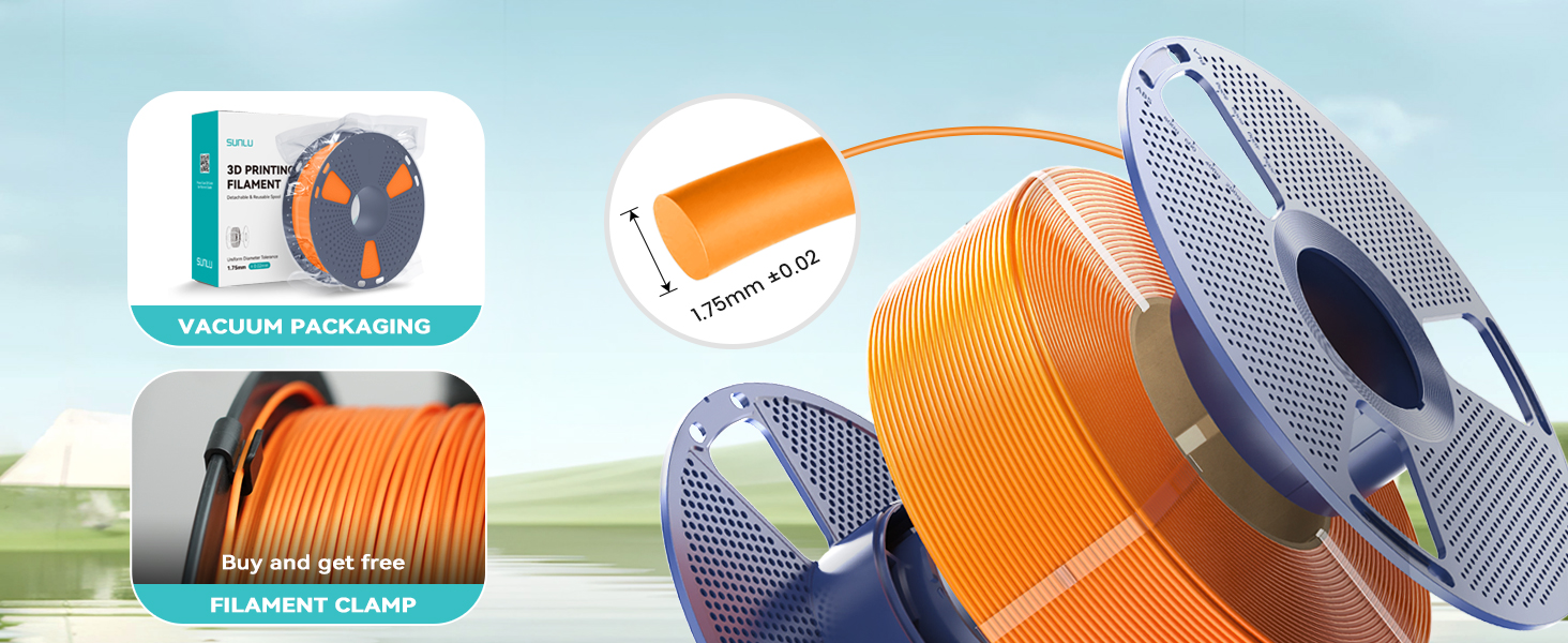 3D printer filament spools in orange and blue. Shows vacuum packaging, filament clamp, and spool holders. Highlights filament management and storage accessories for 3D printing.