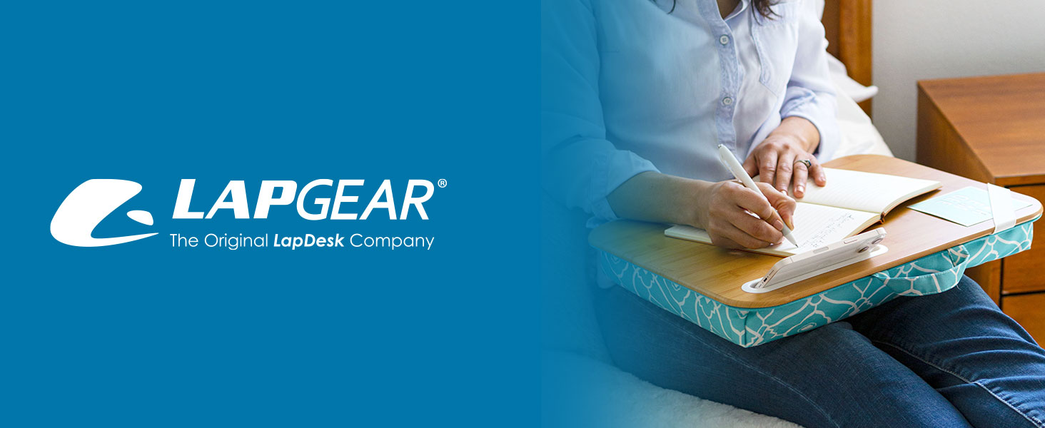 a woman sitting on a bed using a designer lap desk to write notes with the LapGear brand logo