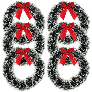 6 pack Faux Snowy green 13-inch diameter Festive Christmas Wreaths.