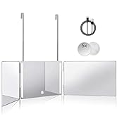 HIEEY 3 Way Mirror for Hair Cutting with LED,360 Trifold Mirror with Height Adjustable Telescopin...