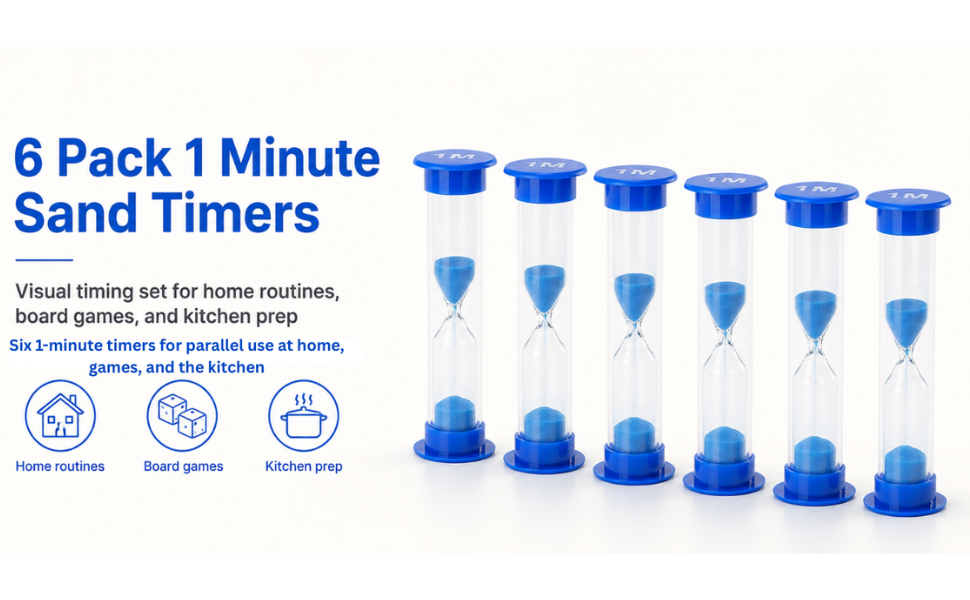 6 pack 1 minute sand timers for home routines, board games, and kitchen prep