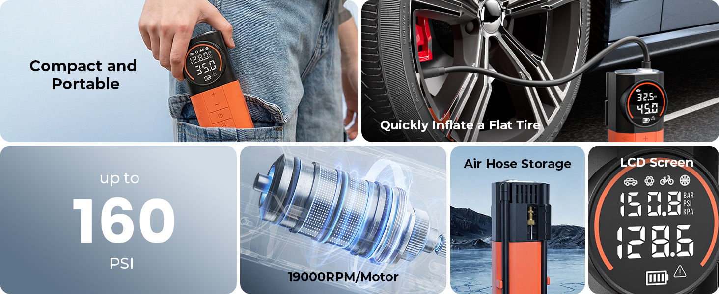 compact and portable air pump up to 160 psi. Quickly inflate a flat tire