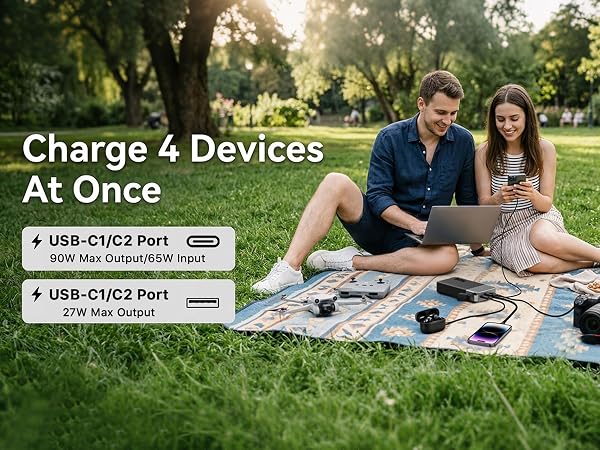 Text reads "Charge 4 Devices At Once", "4 USB-C1/C2 Port", "7.8A Max Output", "2 USB-A1/C2 Port", "3.0A Max Output". Couple sitting outdoors using smartphone with multiple charging ports displayed.