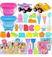 EULRGAUS Beach Toys, 36 PCS Sand Toys with Construction Vehicles, Collapsible Bucket, Princess &amp; ...
