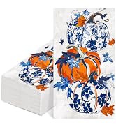 AnyDesign 50Pcs Fall Guest Napkins Blue-Orange Chinoiserie Pumpkin Maple Leaves Disposable Napkin...