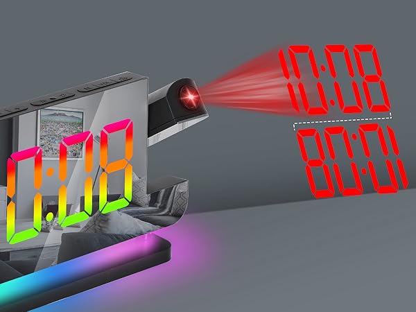 Projection Alarm Clock,7.4 in LED Mirror Digital Clocks Projection on Ceiling Wall,RGB Night Light