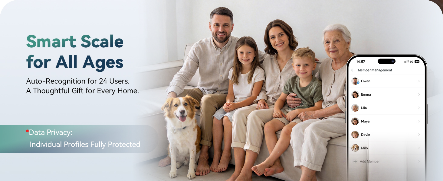 smart body fat scale for all ages Auto-Recognition for 24 Users. A Thoughtful Gift for Every Home.