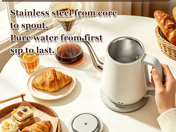 Home barista brewing fresh pour over coffee with white gooseneck electric kettle in morning