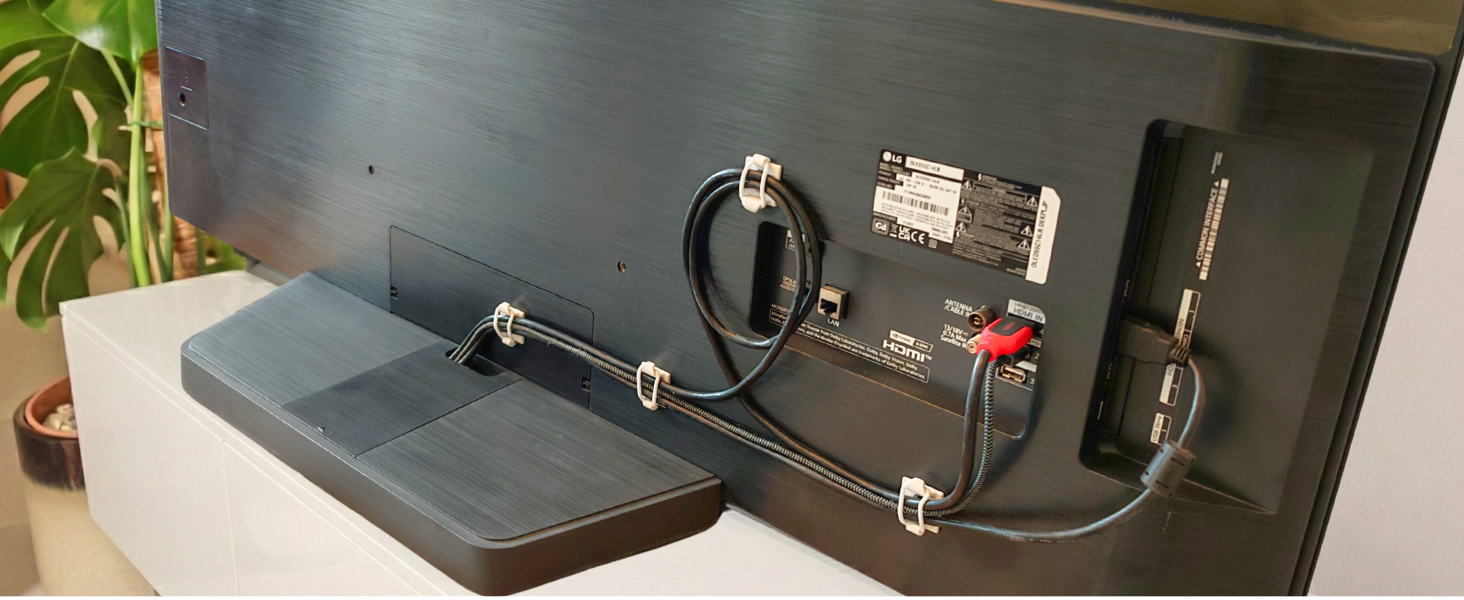 Cables secured behind TV.