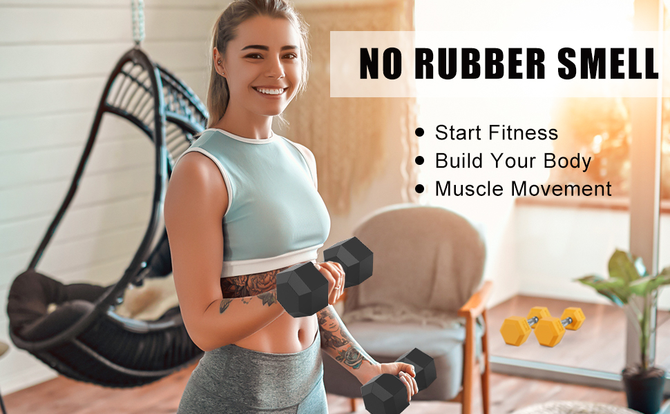 home exercise, fitness, dumbbells, smile, sport women, rubber dumbbells
