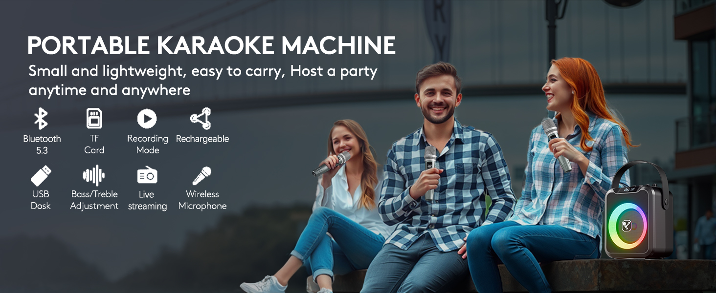 Portable Karaoke Machine with 2 Wireless Microphones