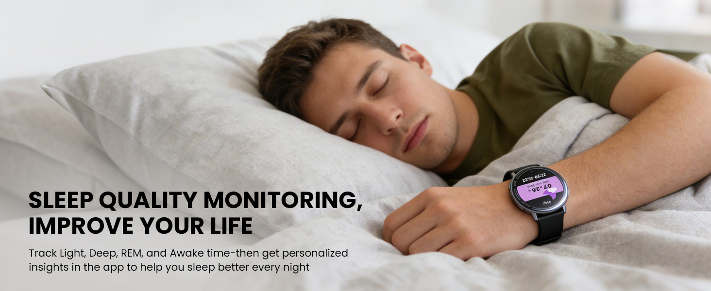 Text reads 'SLEEP QUALITY MONITORING, IMPROVE YOUR LIFE'. Series of images showing someone sleeping while wearing a smartwatch device for sleep tracking.