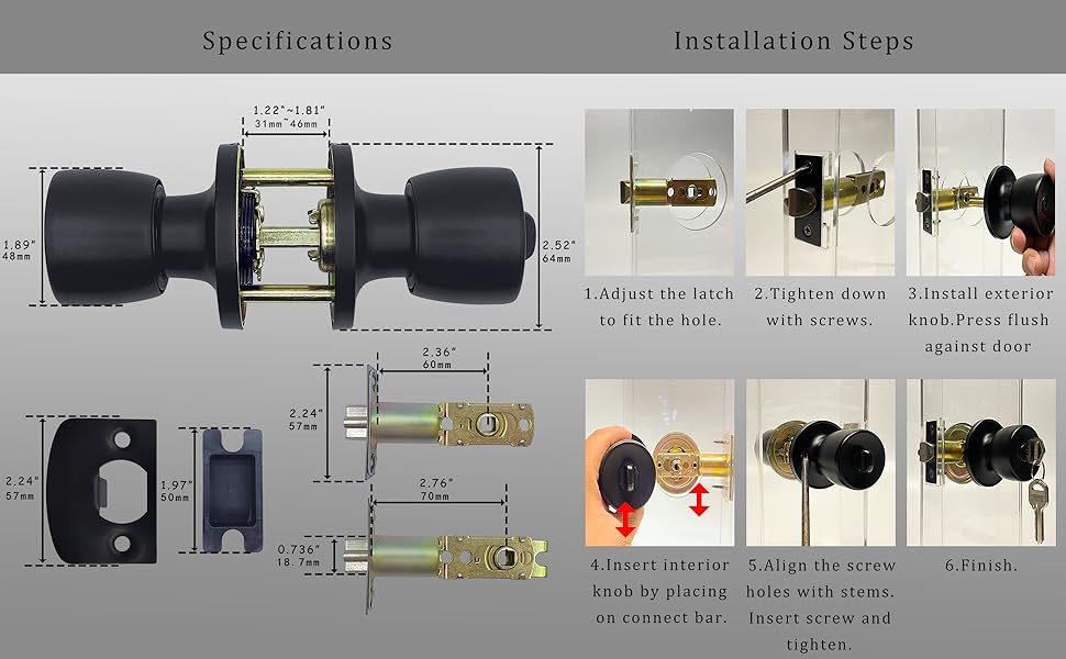 Black Privacy Door Knobs Lock for Bedroom or Bathroom Flat Ball Keyless Door Handles