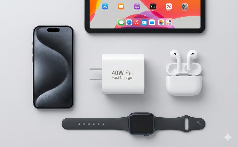 Flat lay of 40W USB C wall charger powering a smartphone, tablet, and earbuds simultaneously