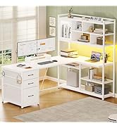 SEDETA L Shaped Computer Desk, 58'' Office Desk with 3 Drawers and Bookshelf, L Shaped Corner Des...
