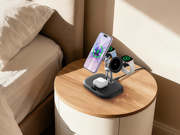 Modern charging station setup on round wooden nightstand showing smartphone and smartwatch charging dock with integrated organization.