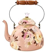 MACKENZIE-CHILDS Enamel Tea Kettle, Decorative Tea Kettle for Stovetop, 3 Quarts, Wild Rose Mauve