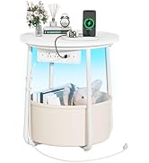 Yoobure Small Side Table, LED Night Stand with Charger Station, Round End Table Side Tables Livin...