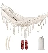 MOSFiATA Backyard Hammock with Tassels Max 500lbs Canvas Fabric Bohemian Style with Thickened Rop...
