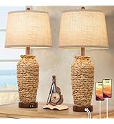 Set of 2 Rattan Table Lamps, 27in Tall Boho Table Lamps with 2 USB Charging Ports, Farmhouse Rust...