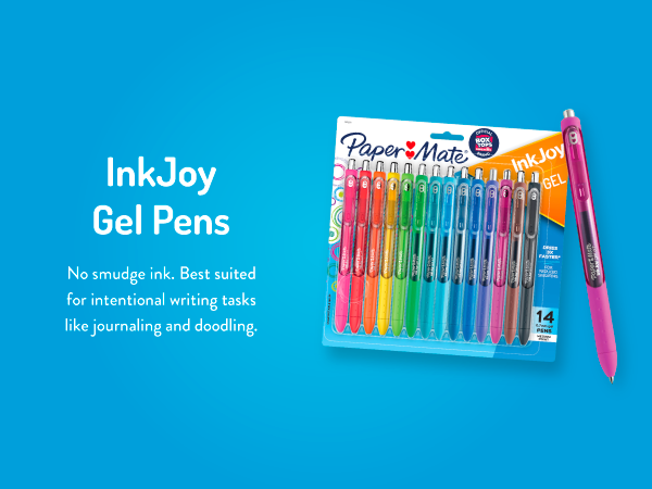 inkjoy gel pens teacher student colorful blue background no smudge intentional writing task journal 