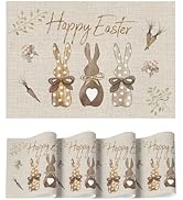 Artoid Mode Bunny Bow Carrot Vinyl Happy Easter Placemats Set of 4, 12x18 Inch Wipeable Non-Slip ...