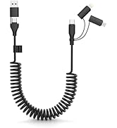 Coiled USB-C and Lightning Cable 3-in-1, 3FT iPhone 15 16 Car Charger Cord, 60W Fast Charging Cab...