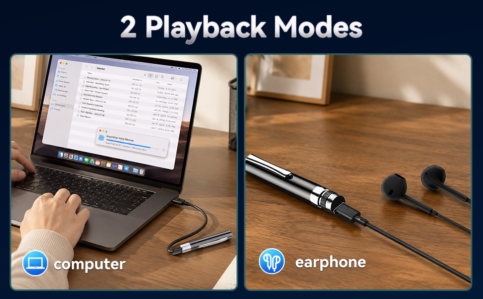 Voice recorder pen supports playback via computer USB connection and wired earphone directly