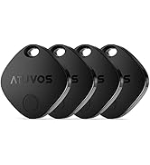 Four black circular Atuvos tracking devices with holes for attaching to objects. Devices have a smooth surface with the brand name visible.