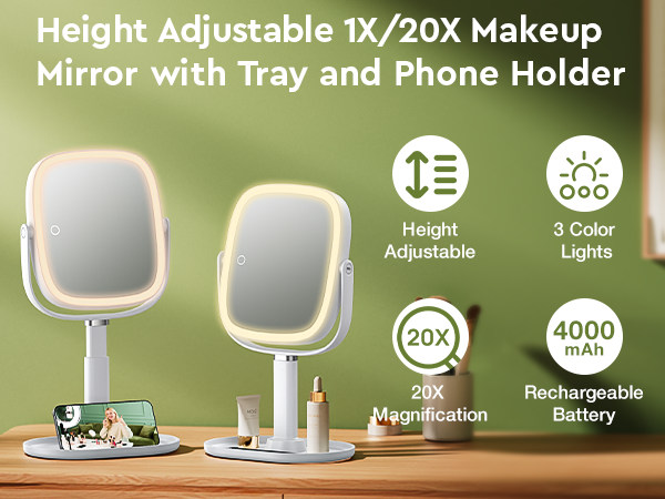 Height Adjustable 1X/20X Makeup Mirror with Tray and Phone Holder