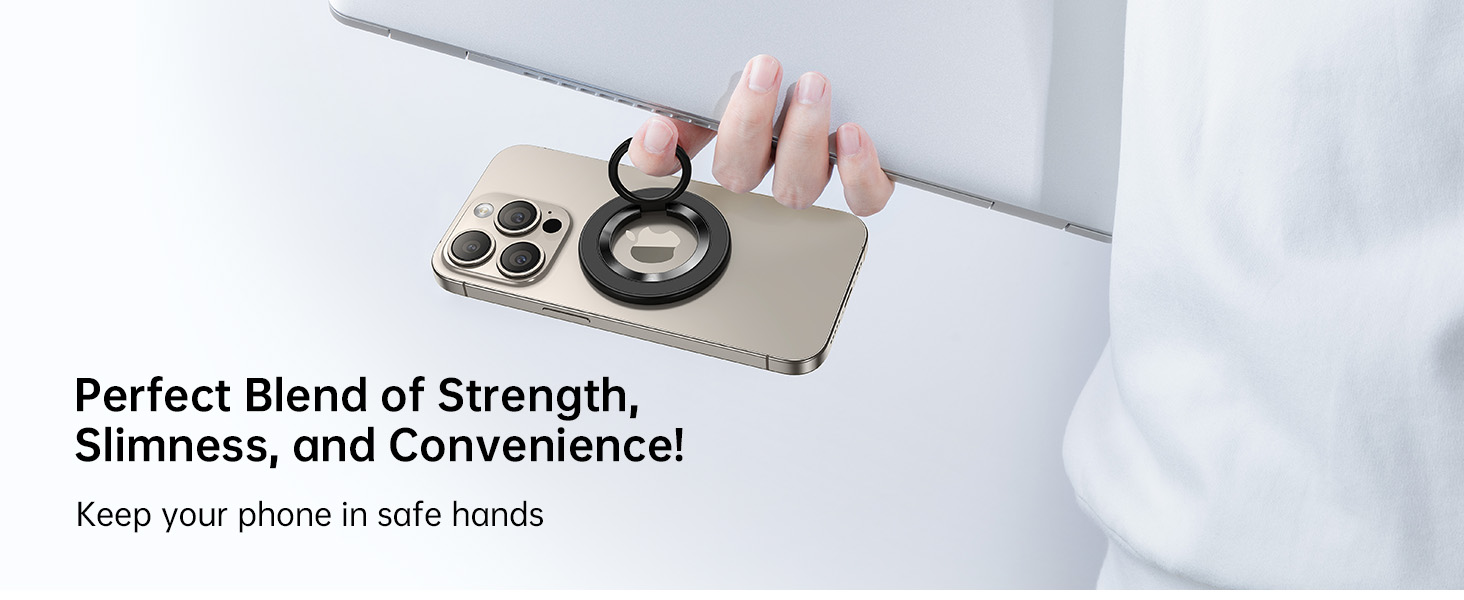 Gold smartphone case with integrated ring holder. Case features camera cutouts and textured edges. Hand demonstrating grip using the ring holder attachment.