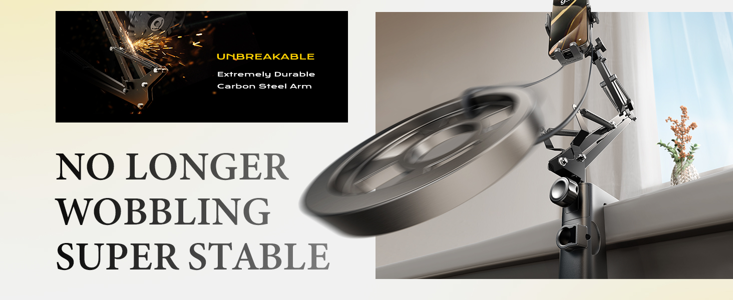 Close-up product shot showing a metallic stabilizing device or mount with text emphasizing stability and 'no longer wobbling' features.