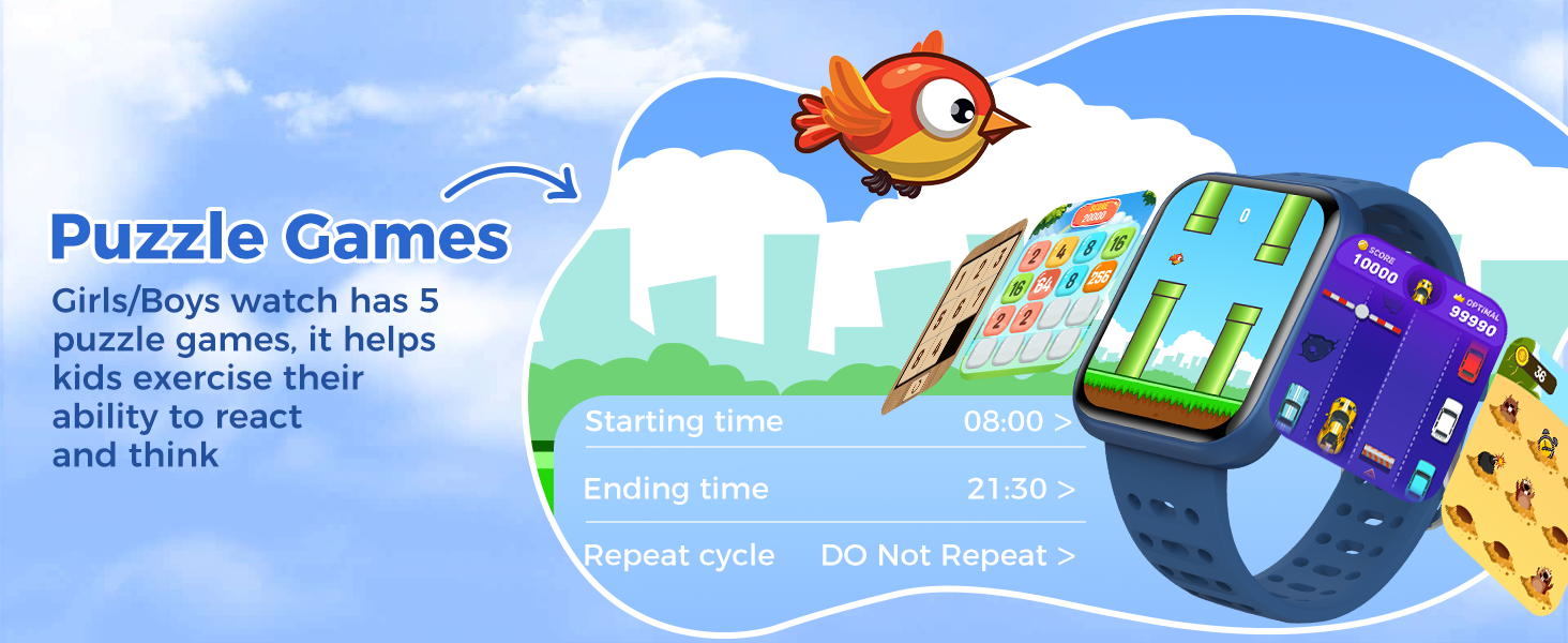 Colorful smartwatch for children featuring puzzle games. Display shows cartoon characters and game interface. Text describes benefits for kids' exercise and thinking skills.