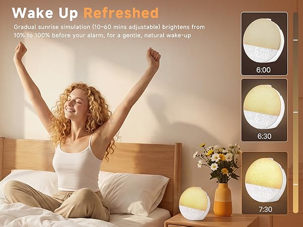 Gradual sunrise simulation (10-60 min) brightens from 10% to 100% before your alarm