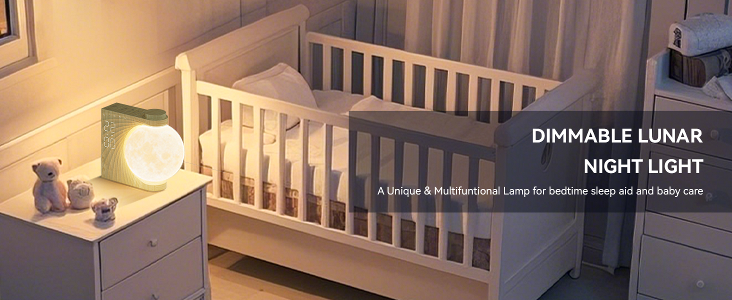 Dimmable lunar night light in a baby's room, glowing softly on a bedside table next to a white crib. The spherical lamp mimics the moon's appearance, providing gentle illumination.