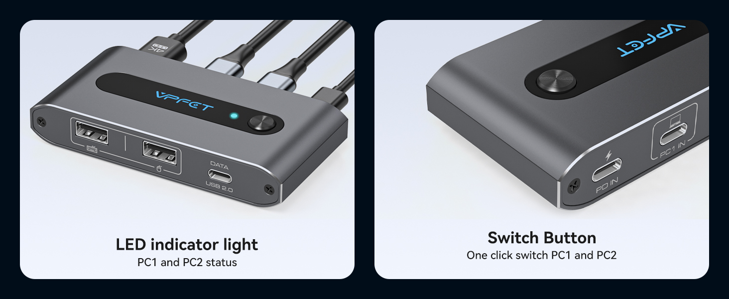 USB hub with multiple ports, LED indicator light, and switch button. Two views show dark gray device with sleek design and labeled features.