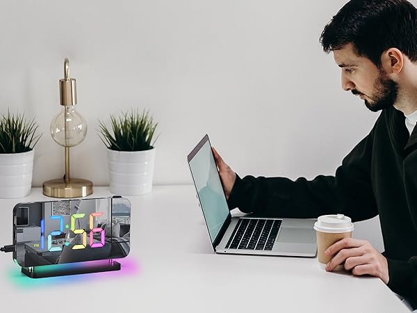 projection led mirror digital alarm clock with rgb night light