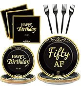 Wiooffen 50th Birthday Black Gold Party Paper Plates and Napkins Supplies Disposable Fifty AF 50 ...
