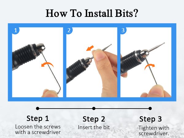 Instructional diagram showing three steps to install bits in a tool. Step 1: Loosen screws, Step 2: Insert bit, Step 3: Tighten with screwdriver.