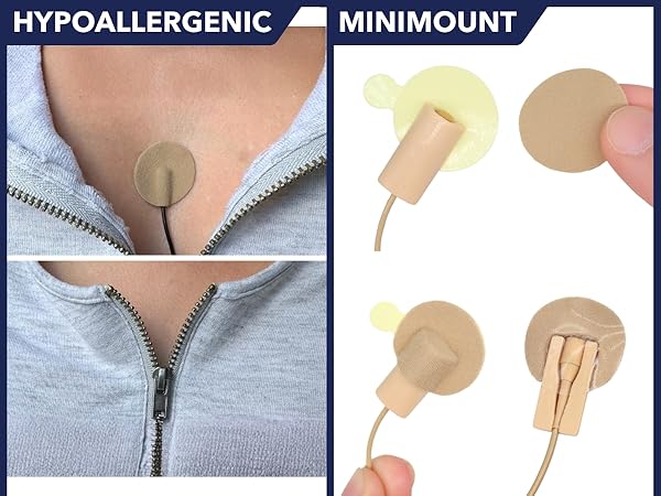 Text reads "HYPOALLERGENIC" and "MINIMOUNT". Product demonstration showing beige circular adhesive mounts being applied, with multiple application steps illustrated.