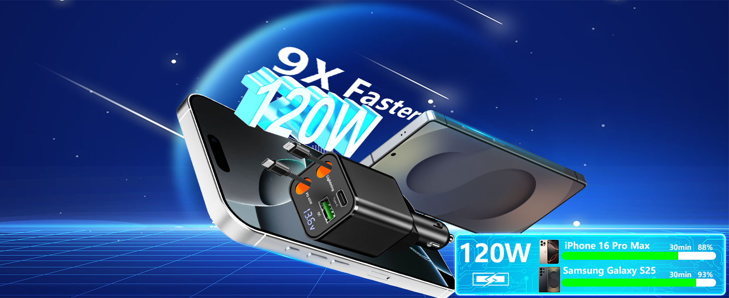 MFi Certified 4 in 1 Retractable Car Charger 120W USB C Car Charger Cigarette Lighter Adapter