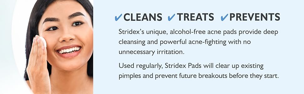 Woman wiping face with Stridex pad and Cleans - Treats - Prevents in text box