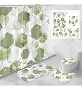 Litabel 4 Pcs Sage Green Modern Geometric Shower Curtain Set with Non-Slip Rugs, Toilet Lid Cover...