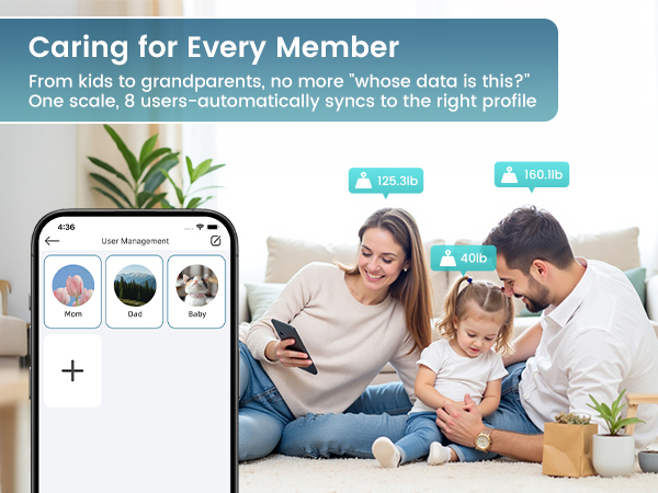 Caring for Every Member, one scale for whole family, automatically syncs to the right profile