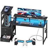 DUMOS L Shaped Gaming Desk with Shelves Storage Drawers 52'', Black Computer Desks with LED Light...