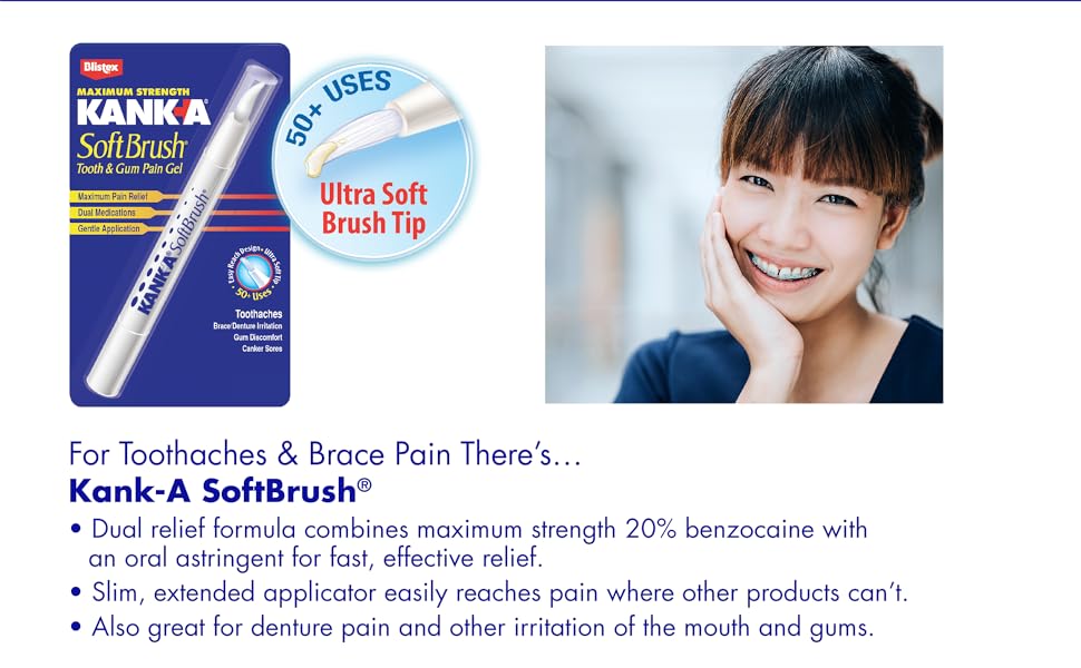Teen girl with braces smiling next to Kank-A SoftBrush package