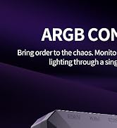 Text reads 'ARGB CON' and 'Bring order to the chaos. Monitor'. Dark purple promotional banner for tech product with geometric shapes.